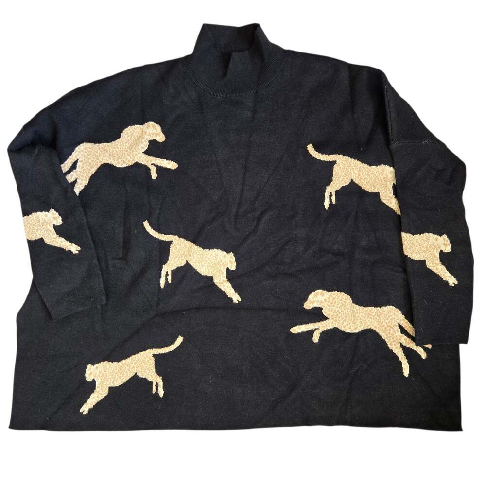 Entro Oversized Cheetah Sweater Black Mock Neck Novelty Animals Women Small